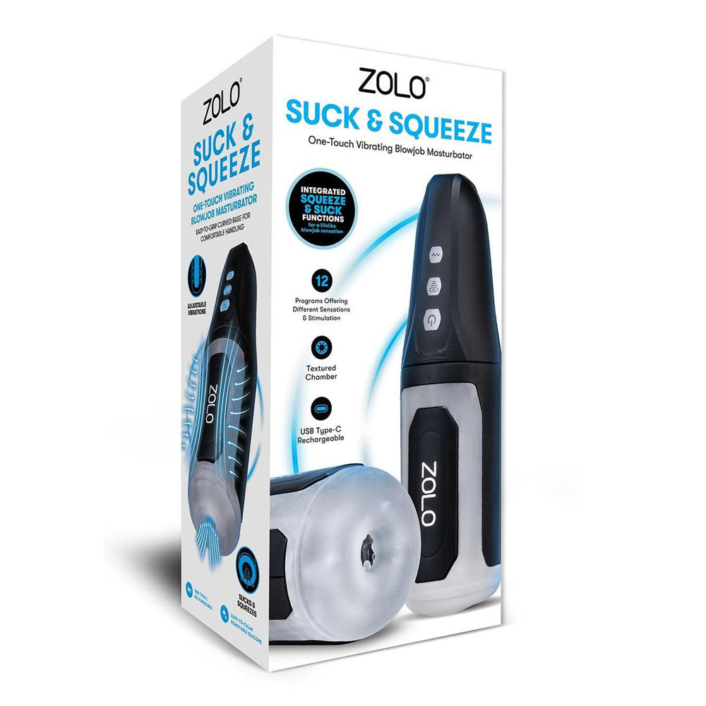 Zolo Suck & Squeeze - USB Rechargeable Sucking Auto Masturbator packaging showcasing features and design.