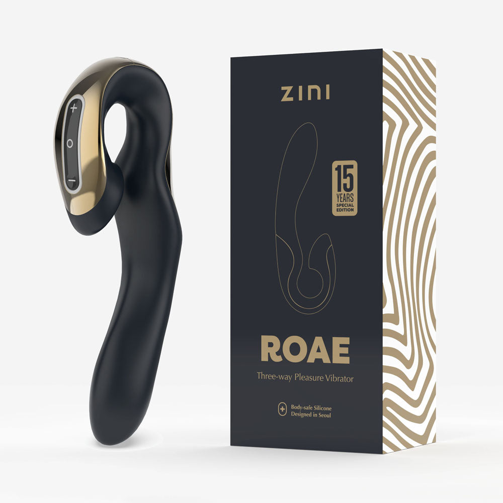 Zini Roae Special Edition - /Gold - /Gold 19.5 cm USB Rechargeable Vibrator with packaging showcasing elegant design.