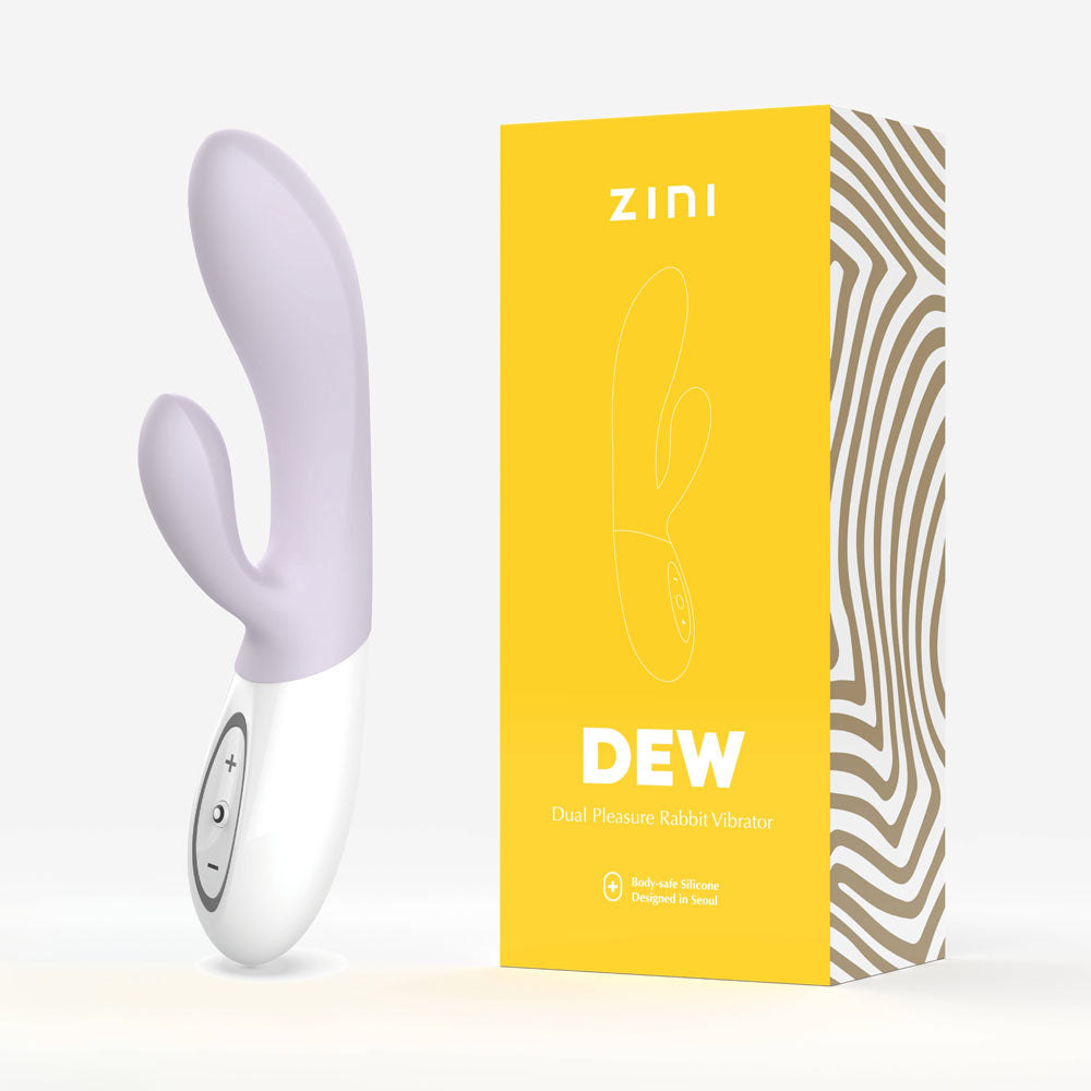Zini Dew - Hydrangea 20 cm USB Rechargeable Rabbit Vibrator with box displaying dual pleasure features.