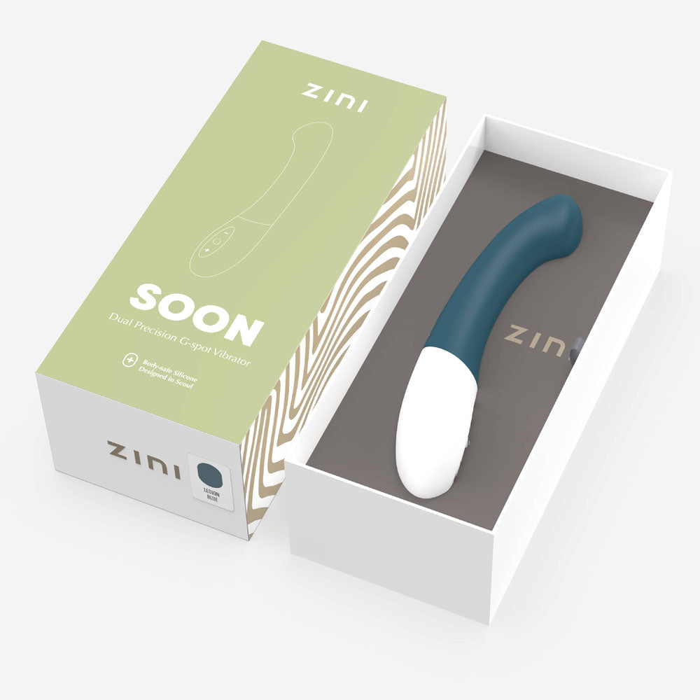 Zini Soon - Legion 20 cm USB Rechargeable Vibrator in its packaging, showcasing dual precision G-spot design.