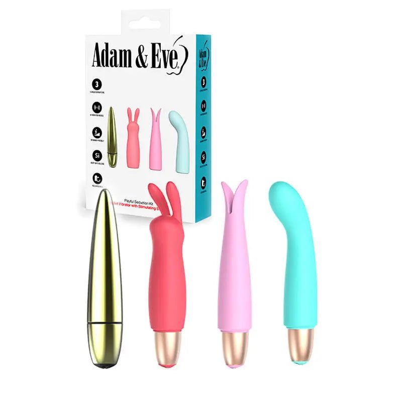 Shop affordable quality Adam & Eve PLAYFUL SEDUCTION KIT - USB Rechargeable Vibrator with 3 Interchangeable Sleeves - Discreet Intimate Essentials - BULLETS & EGGS - Adam & Eve