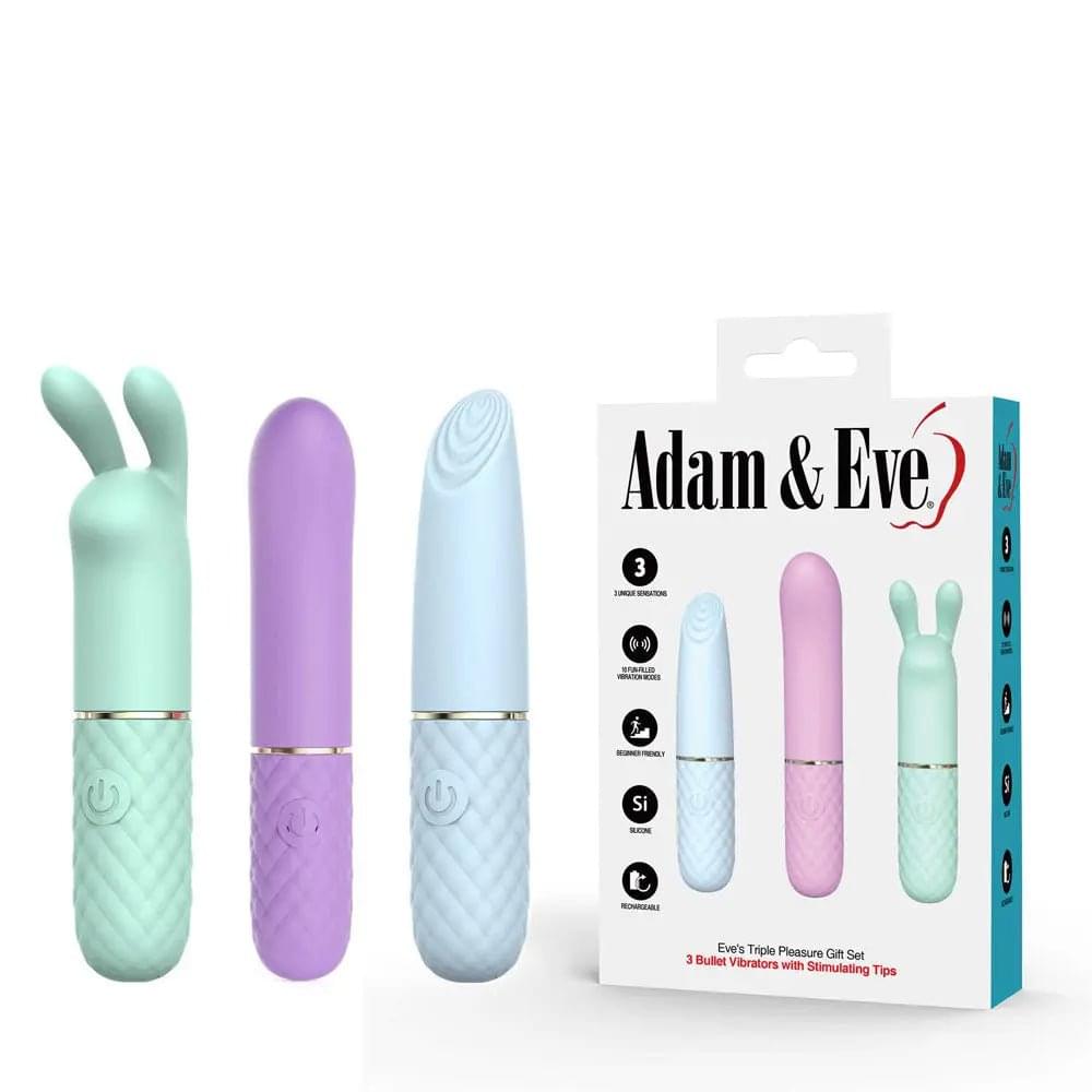 Adam & Eve TRIPLE PLEASURES -  USB Rechargeable Vibrators - Set of 3 Adam & Eve Discreet Intimate Essentials.
