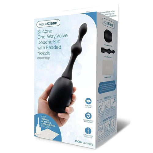 AquaClean Silicone 1-Way Valve Douche Set with Beaded Nozzle - 150 ml Capacity with Free Travel Douche Included Xgen Products Discreet Intimate Essentials.