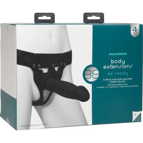 Be Ready 4 Pc -  7in, 7.5in, 8in Hollow Silicone Strap-On Set Body Extension Discreet Intimate Essentials.