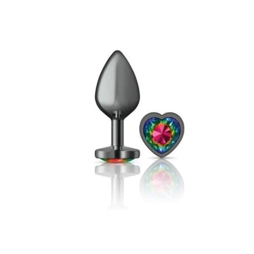 Cheeky Charms Gunmetal  Butt Plug w Heart Rainbow Jewel Medium Cheeky Charms Discreet Intimate Essentials.