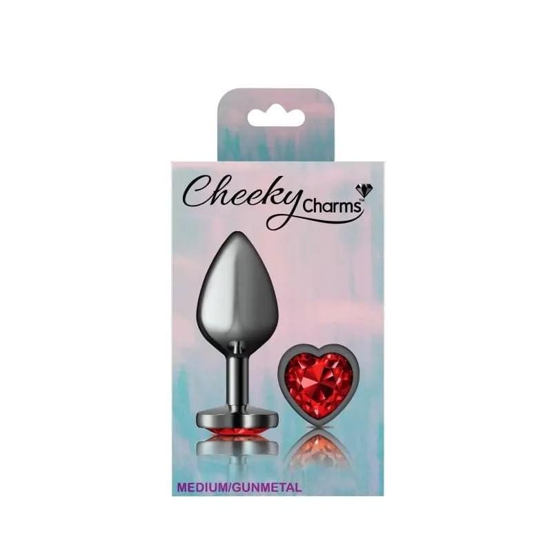 Cheeky Charms Gunmetal  Butt Plug w Heart Red Jewel Medium Cheeky Charms Discreet Intimate Essentials.