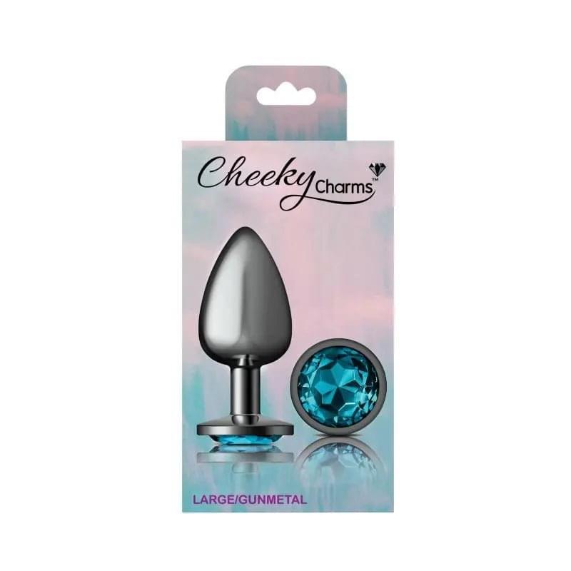 Cheeky Charms Gunmetal Round Butt Plug w Teal Jewel Large Cheeky Charms Discreet Intimate Essentials.