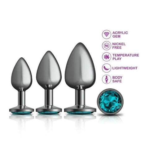 Cheeky Charms Round Metal Butt Plug Gunmetal 3 Pc Kit w Teal Jewel Cheeky Charms Discreet Intimate Essentials.