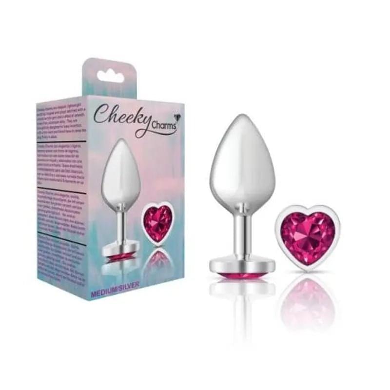 Cheeky Charms Silver Metal  Butt Plug w Heart Pink Jewel Medium Cheeky Charms Discreet Intimate Essentials.