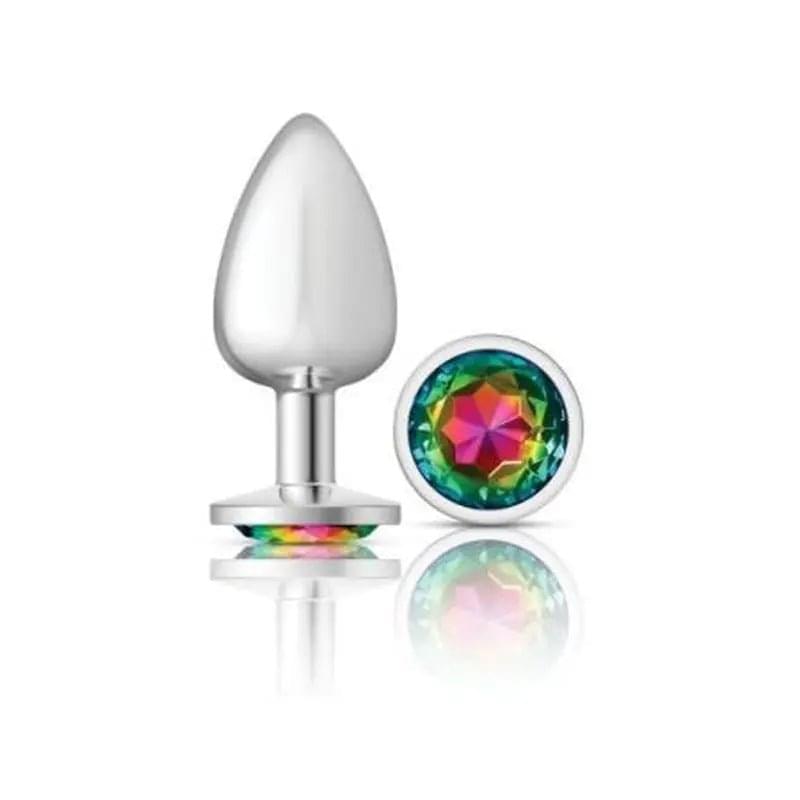 Cheeky Charms Silver Round Butt Plug w Rainbow Jewel Large Cheeky Charms Discreet Intimate Essentials.