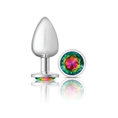 Cheeky Charms Silver Round Butt Plug w Rainbow Jewel Large Cheeky Charms Discreet Intimate Essentials.