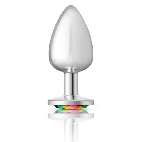 Cheeky Charms Silver Round Butt Plug w Rainbow Jewel Large Cheeky Charms Discreet Intimate Essentials.