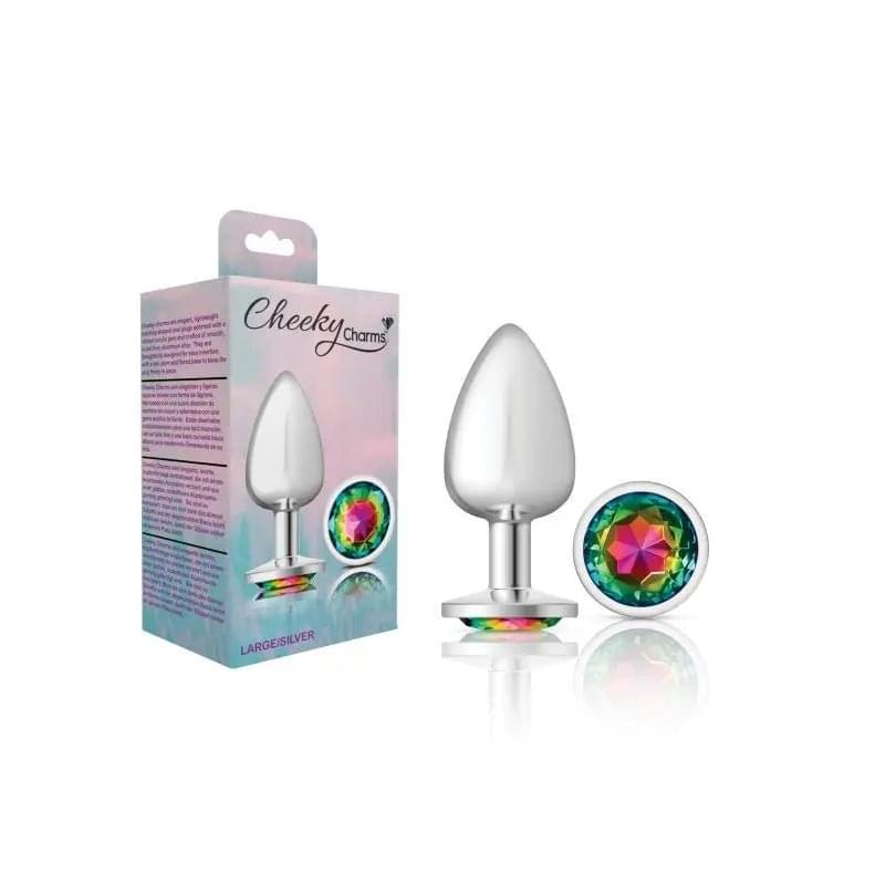 Cheeky Charms Silver Round Butt Plug w Rainbow Jewel Large Cheeky Charms Discreet Intimate Essentials.