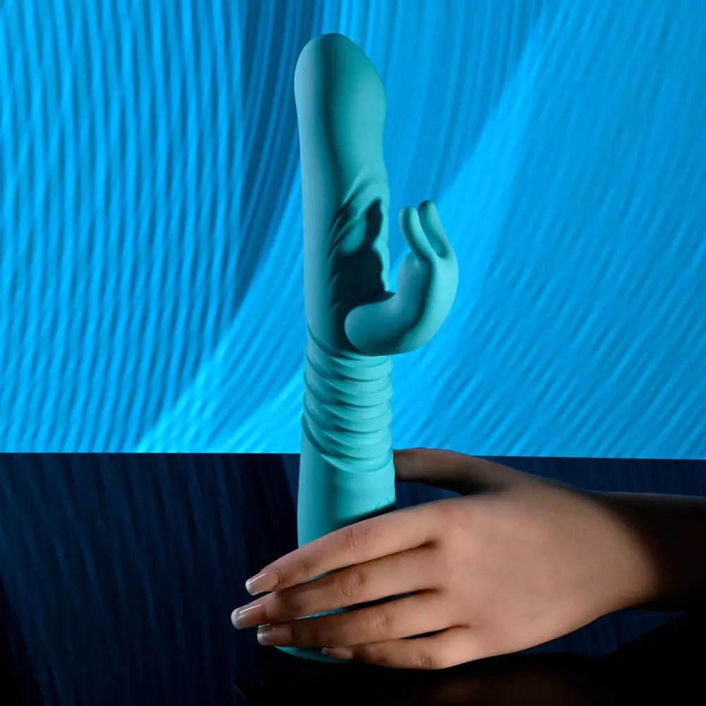 Shop affordable quality Evolved BUNNY HOP - Teal 25.1 cm USB Rechargeable Thrusting Rabbit Vibrator with Suction Base - Discreet Intimate Essentials - VIBRATORS - Evolved