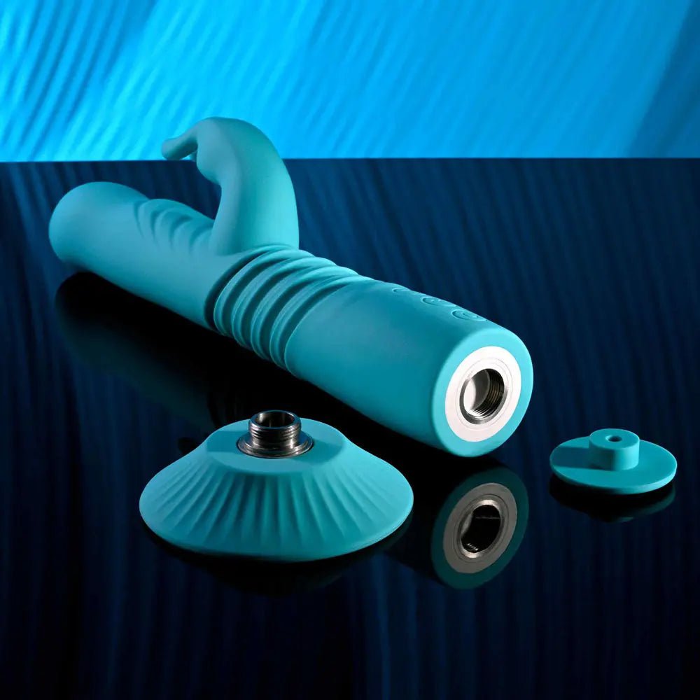 Shop affordable quality Evolved BUNNY HOP - Teal 25.1 cm USB Rechargeable Thrusting Rabbit Vibrator with Suction Base - Discreet Intimate Essentials - VIBRATORS - Evolved