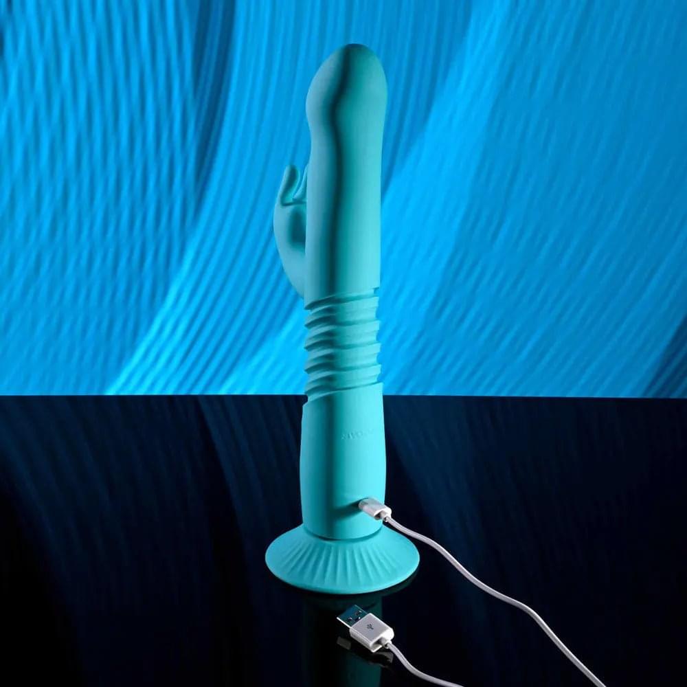 Evolved BUNNY HOP - Teal 25.1 cm USB Rechargeable Thrusting Rabbit Vibrator with Suction Base Evolved Discreet Intimate Essentials.
