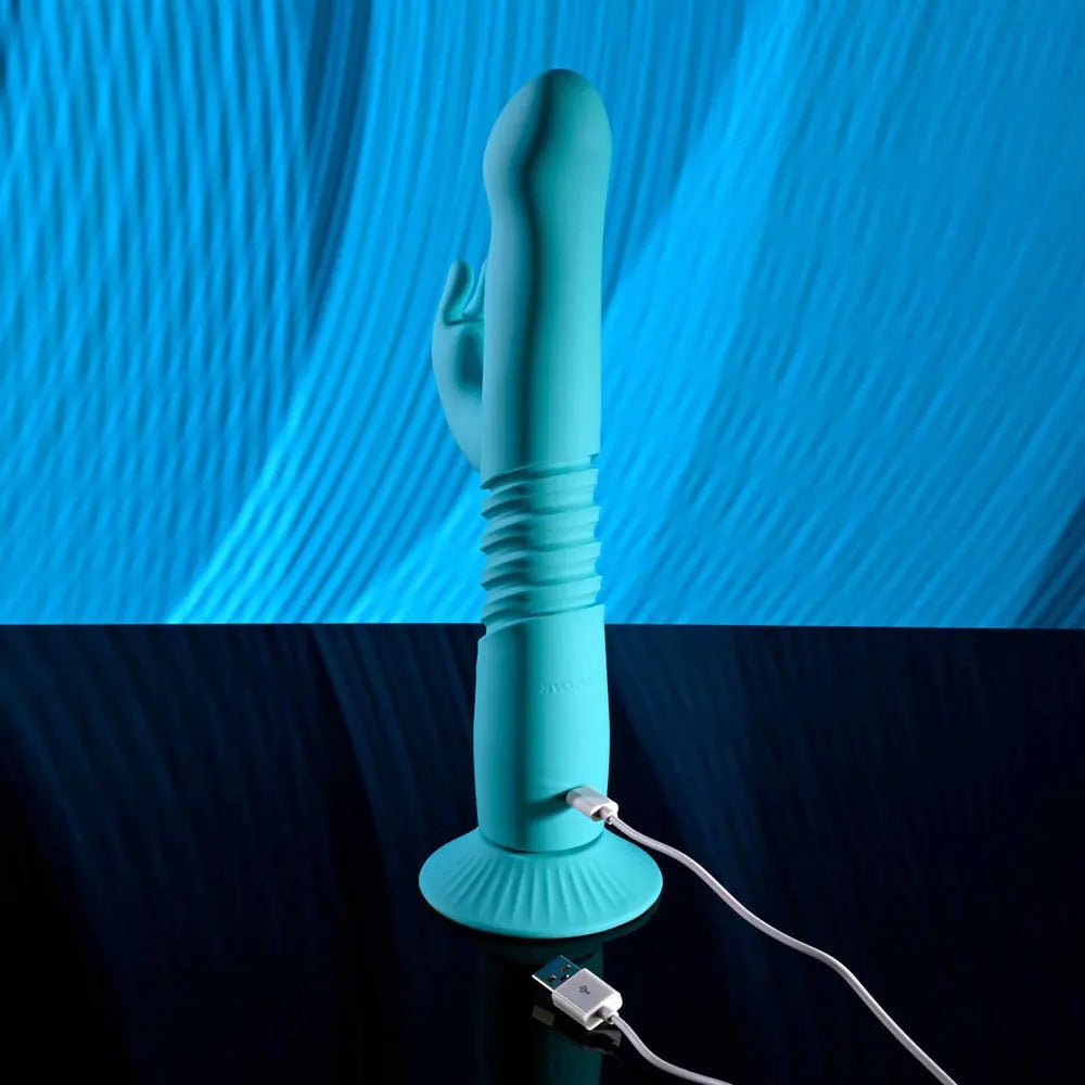 Shop affordable quality Evolved BUNNY HOP - Teal 25.1 cm USB Rechargeable Thrusting Rabbit Vibrator with Suction Base - Discreet Intimate Essentials - VIBRATORS - Evolved