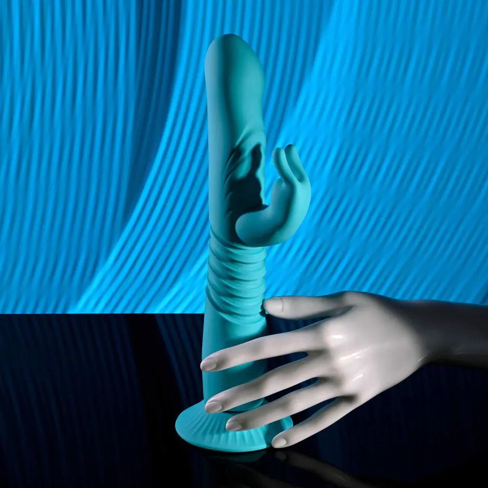Shop affordable quality Evolved BUNNY HOP - Teal 25.1 cm USB Rechargeable Thrusting Rabbit Vibrator with Suction Base - Discreet Intimate Essentials - VIBRATORS - Evolved