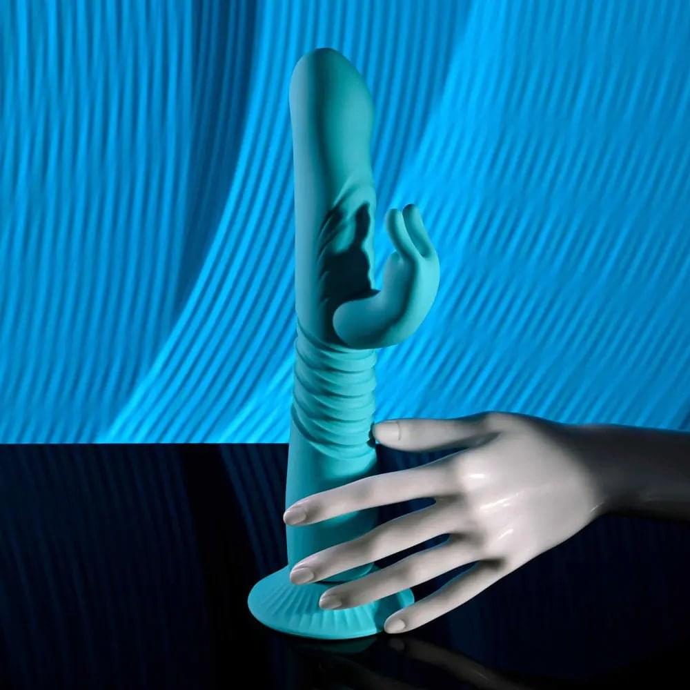 Evolved BUNNY HOP - Teal 25.1 cm USB Rechargeable Thrusting Rabbit Vibrator with Suction Base Evolved Discreet Intimate Essentials.