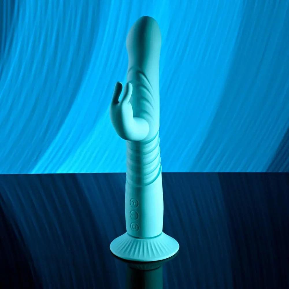 Evolved BUNNY HOP - Teal 25.1 cm USB Rechargeable Thrusting Rabbit Vibrator with Suction Base Evolved Discreet Intimate Essentials.