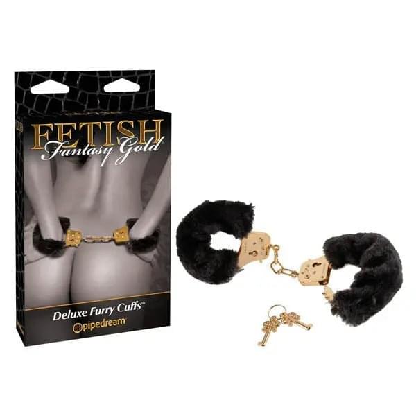 Fetish Fantasy Gold Deluxe Furry Cuffs - Black/Gold Furry Restraints Pipedream Discreet Intimate Essentials.