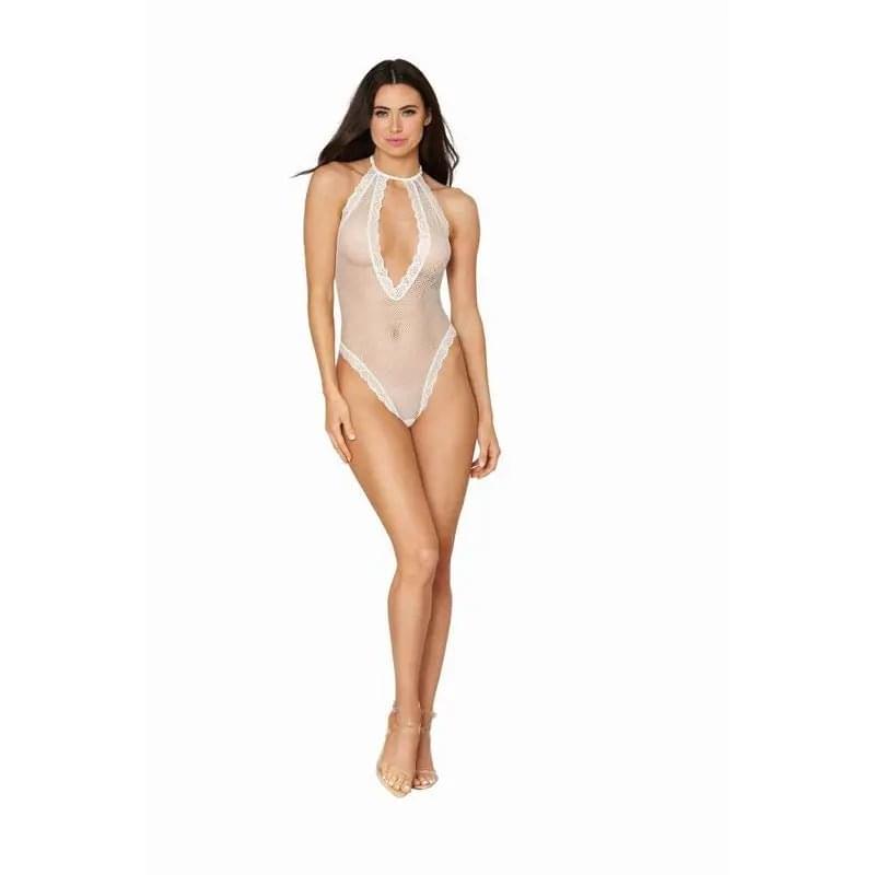 Fishnet Halter Teddy w Stretch Lace Edge Trims White Dreamgirl Discreet Intimate Essentials.