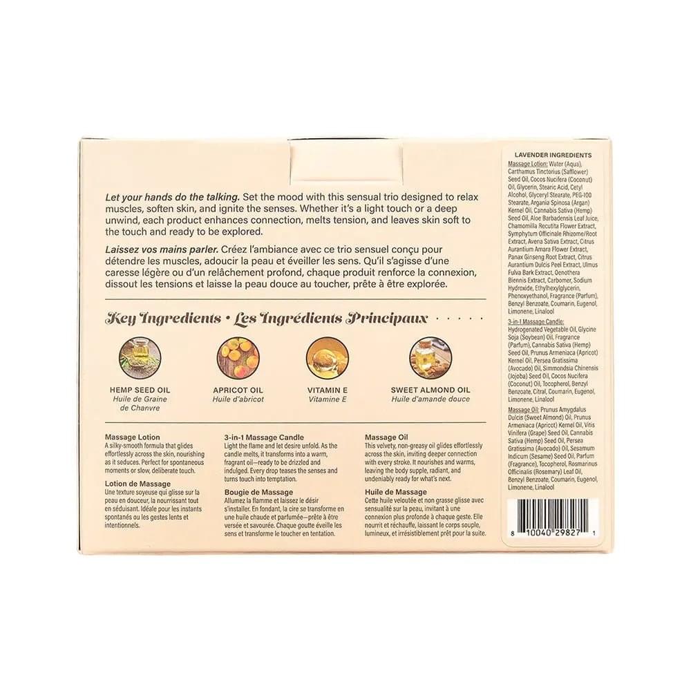 Hemp Seed Tranquility Trio - Lavender - Lavender Scented Massage & Caress Kit - 3 Piece Kit Earthly Body Discreet Intimate Essentials.