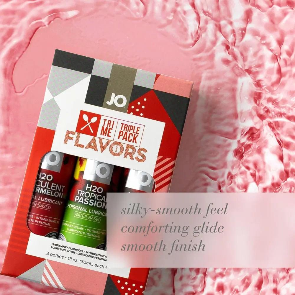 JO Tri-Me Triple Pack Flavours Gift Set - Strawberry, Watermelon and Tropic Passion Flavoured Lubes - 3 Pack JO Discreet Intimate Essentials.