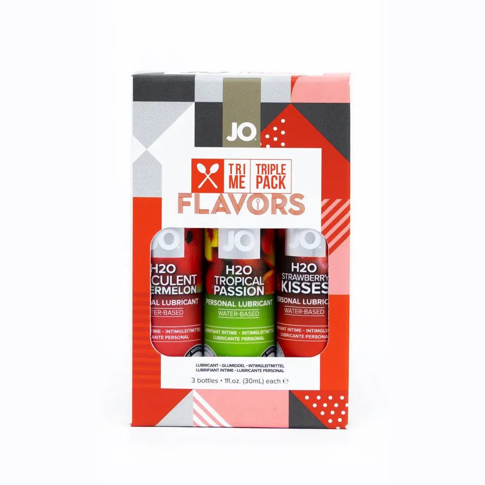 Shop affordable quality JO Tri-Me Triple Pack Flavours Gift Set - Strawberry, Watermelon and Tropic Passion Flavoured Lubes - 3 Pack - Discreet Intimate Essentials - LOTIONS & LUBES - JO