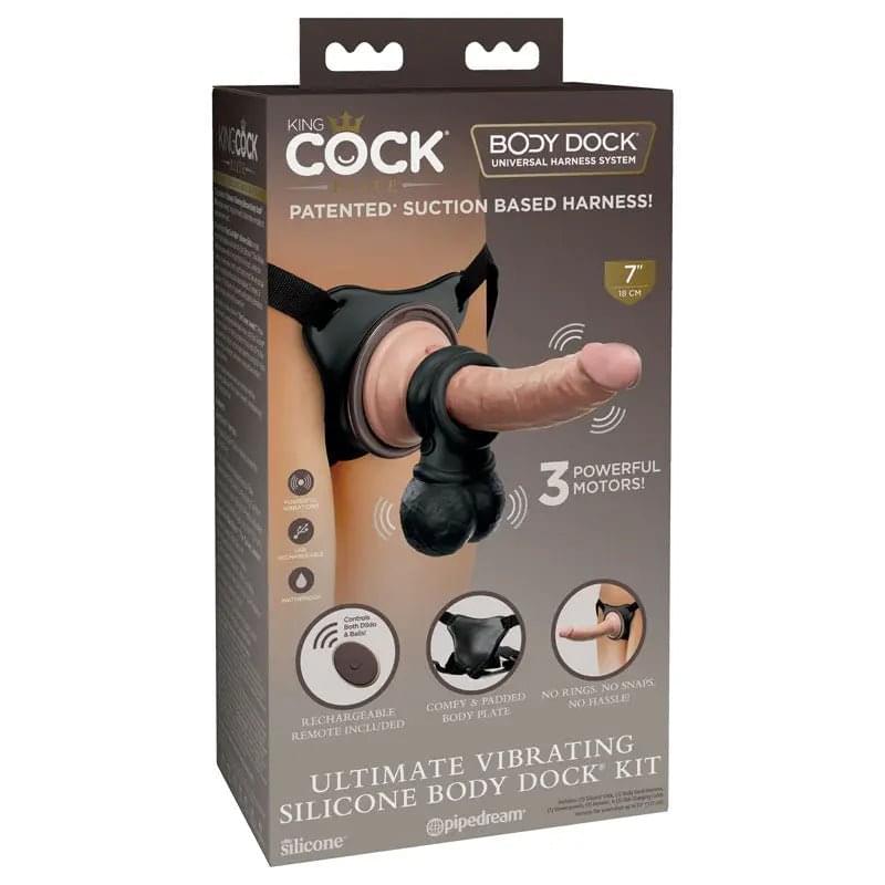 King Cock Elite Ultimate Vibrating Silicone Body Dock Kit - Body Dock Strap-On Harness with 17.8 cm Vibrating Dong & Vibrating Balls Pipedream Discreet Intimate Essentials.
