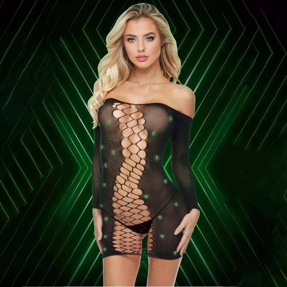 LAPDANCE Diamond Mesh Cutout Mini Dress - OS -  with Glow in Dark Pattern - One Size XGEN Products Discreet Intimate Essentials.