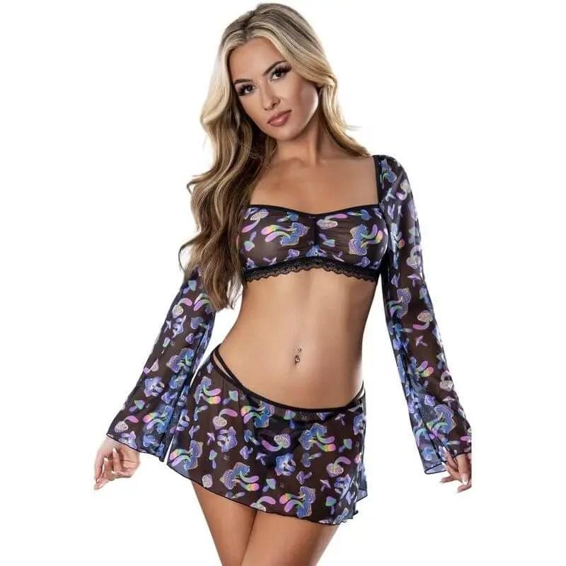 Mushroom Crop Top Skirt and G-String Set Exposed Lingerie Discreet Intimate Essentials.