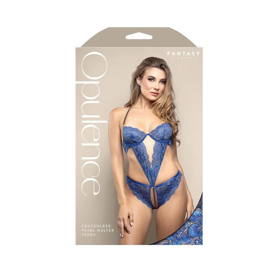 OPULENCE Crotchless Pearl Halter Teddy SM - Royal  - S/M Size Fantasy Lingerie Discreet Intimate Essentials.
