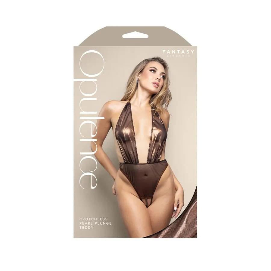 OPULENCE Crotchless Pearl Plunge Teddy ML - Chocolate - M/L Size Fantasy Lingerie Discreet Intimate Essentials.