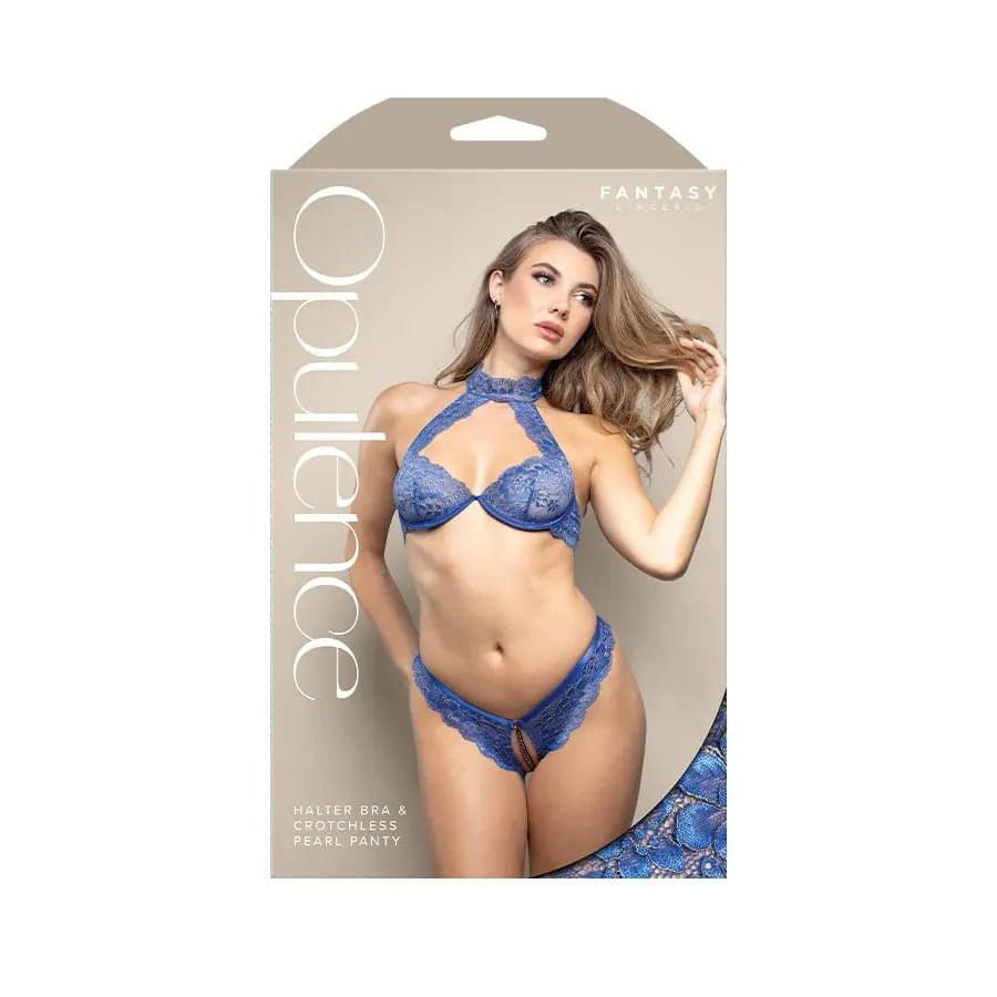OPULENCE Halter Bralette & Crotchless Pearl Panty SM - Royal  - S/M Size Fantasy Lingerie Discreet Intimate Essentials.