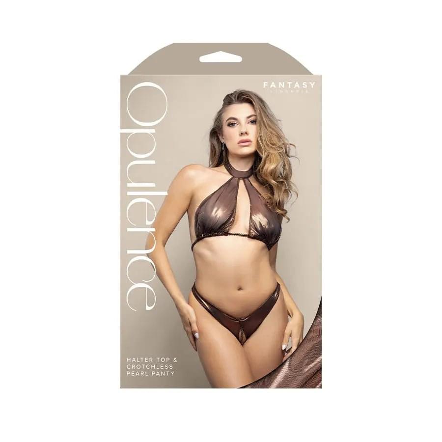 OPULENCE Halter Top & Crotchless Pearl Panty ML - Chocolate - M/L Size Fantasy Lingerie Discreet Intimate Essentials.