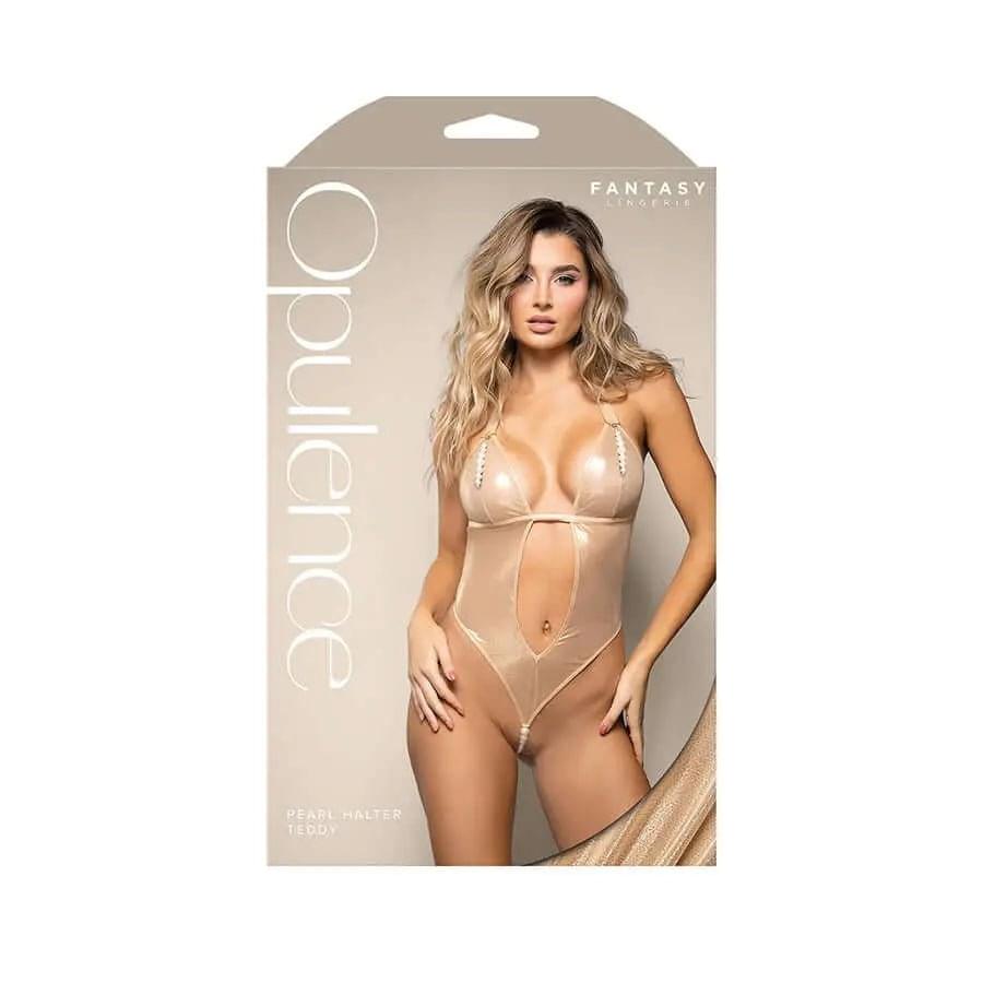 OPULENCE Pearl Halter Teddy - Gold - Gold - M/L Size Fantasy Lingerie Discreet Intimate Essentials.