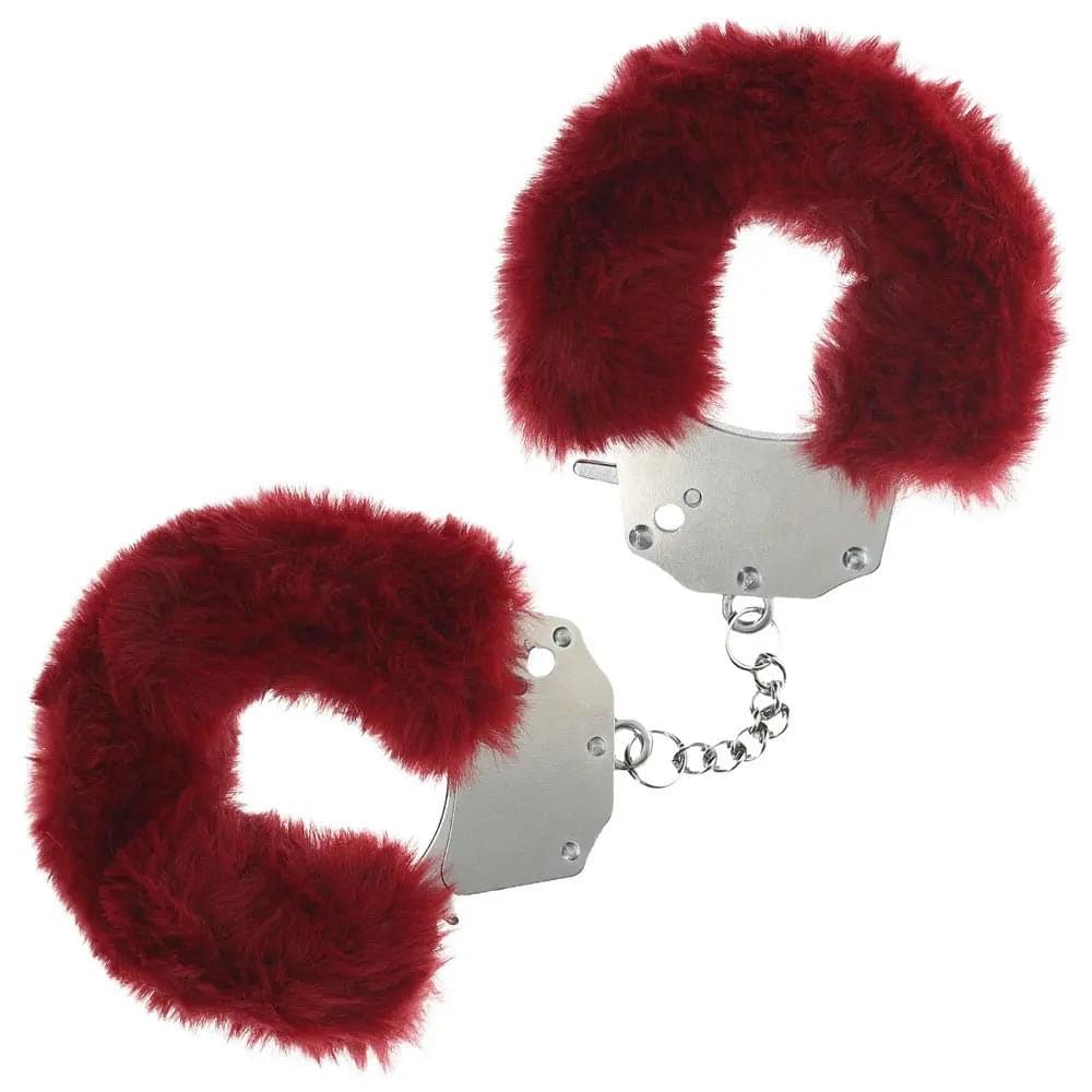 OUCH! Heavy-Duty Fluffy Cuffs - Burgundy - Burgundy Fluffy Restraints Shots Toys Discreet Intimate Essentials.