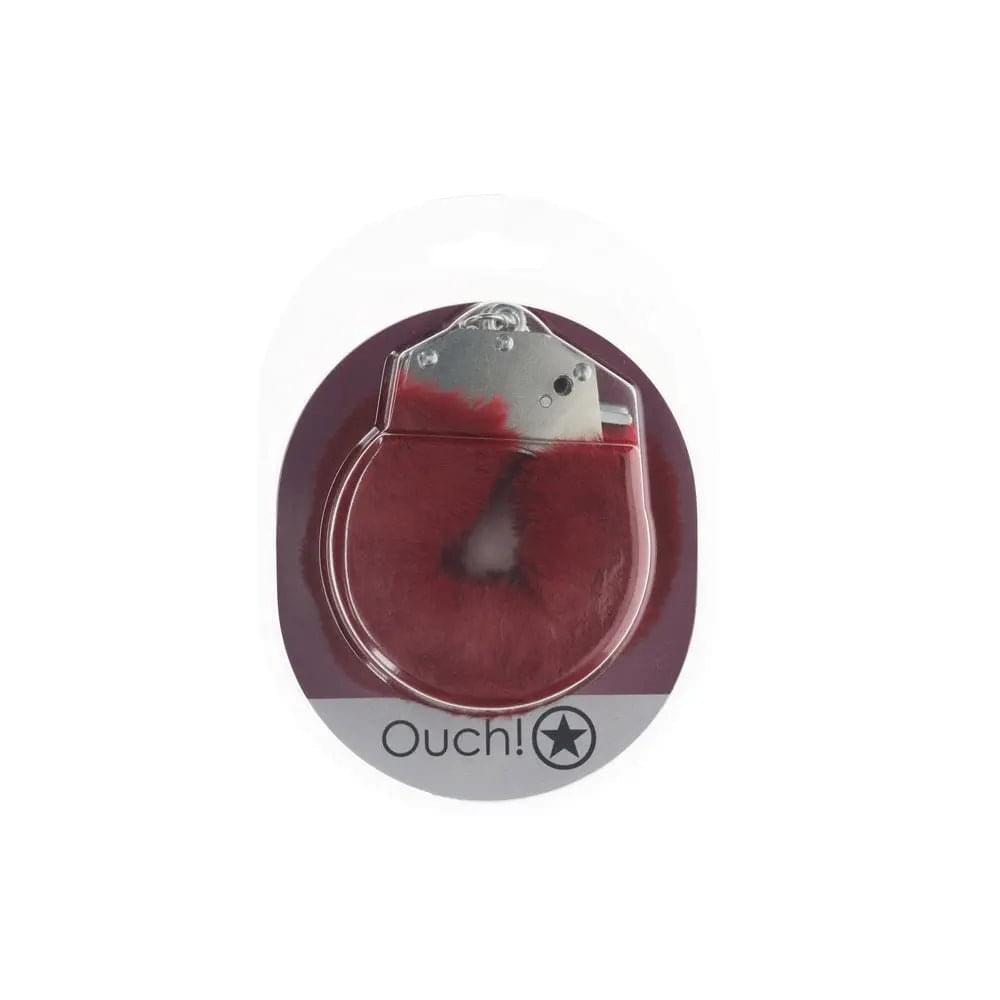 OUCH! Heavy-Duty Fluffy Cuffs - Burgundy - Burgundy Fluffy Restraints Shots Toys Discreet Intimate Essentials.