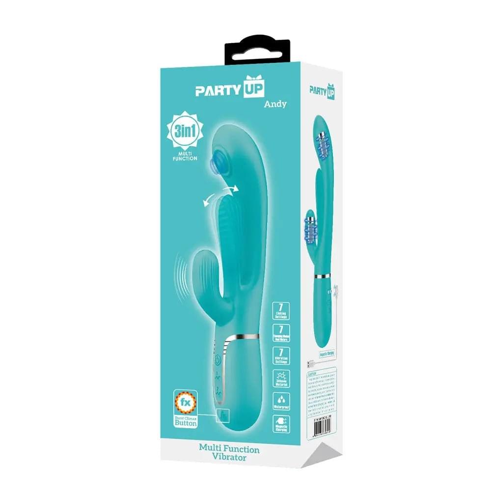 Party Up ANDY Multi Function Vibrator - Teal - Teal 22.2 cm USB Rechargeable Rabbit Vibrator with Flicking and Thumping Tip Party Up Discreet Intimate Essentials.