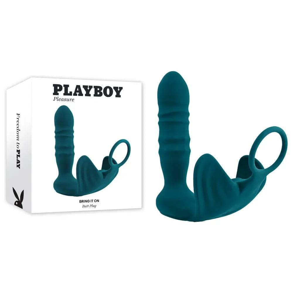 Playboy Pleasure BRING IT ON - Teal USB Rechargeable Thrusting Anal Plug with Cock Ring Playboy Pleasure Discreet Intimate Essentials.