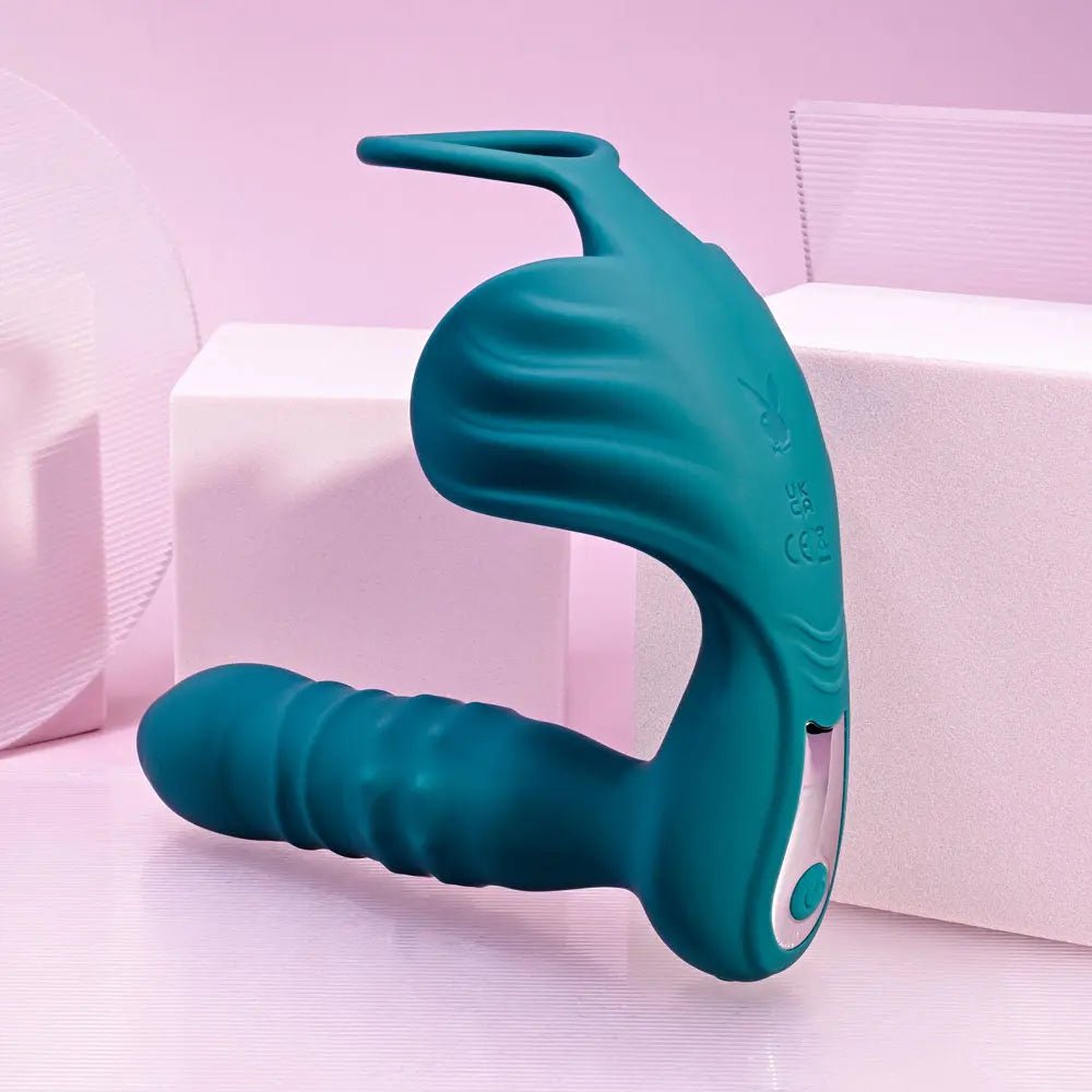 Shop affordable quality Playboy Pleasure BRING IT ON - Teal USB Rechargeable Thrusting Anal Plug with Cock Ring - Discreet Intimate Essentials - ANAL TOYS - Playboy Pleasure