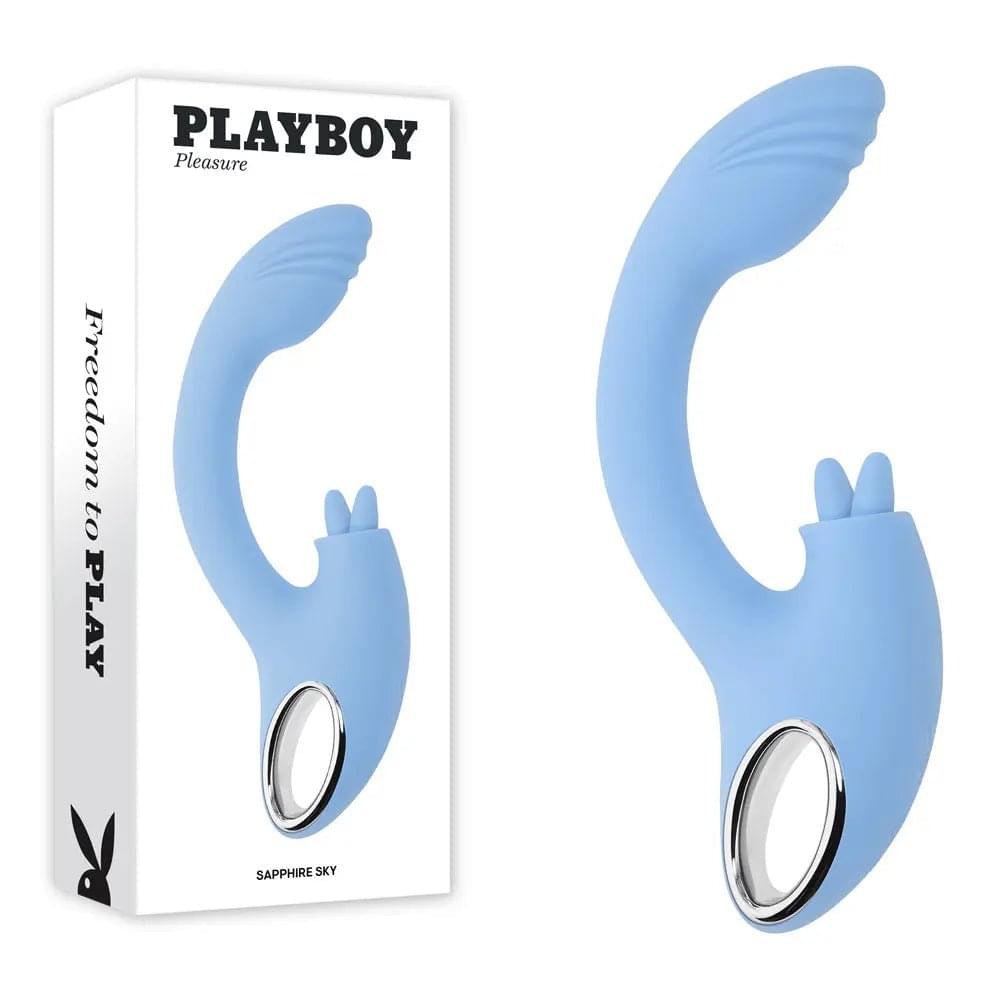 Playboy Pleasure SAPPHIRE SKY -  21.6 cm USB Rechargeable Vibrator with Double Tongue Stimulator Playboy Pleasure Discreet Intimate Essentials.