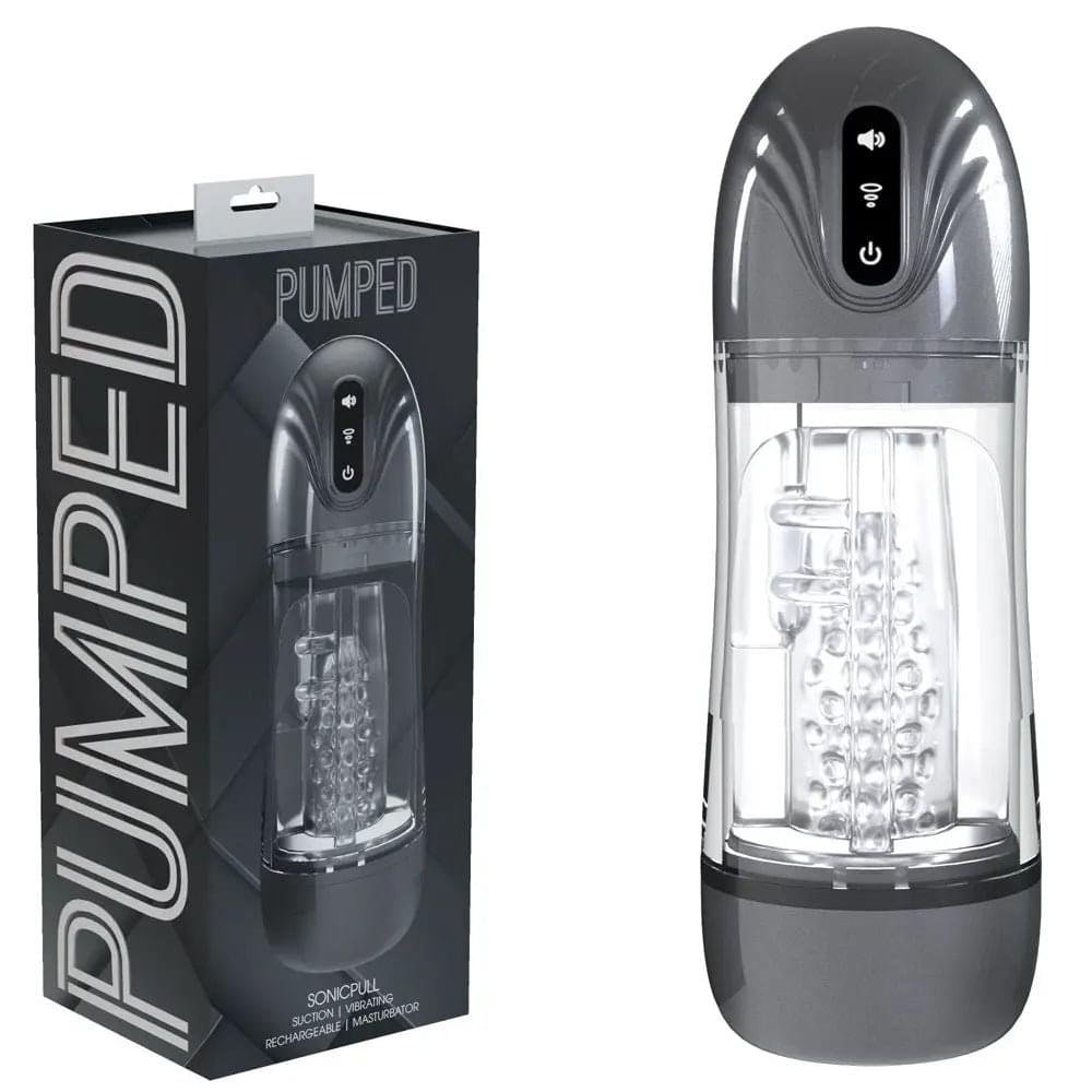 PUMPED SonicPull - Gunmetal - Gunmetal Grey/Clear USB Rechargeable Sucking And Vibrating Auto Masturbator Shots Toys Discreet Intimate Essentials.