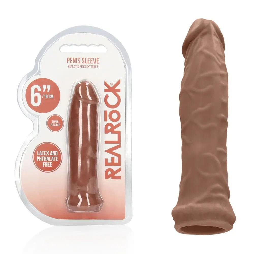 REALROCK 6'' Realistic Penis Sleeve - Tan - Tan 15.2 cm Penis Extension Sleeve Shots Toys Discreet Intimate Essentials.