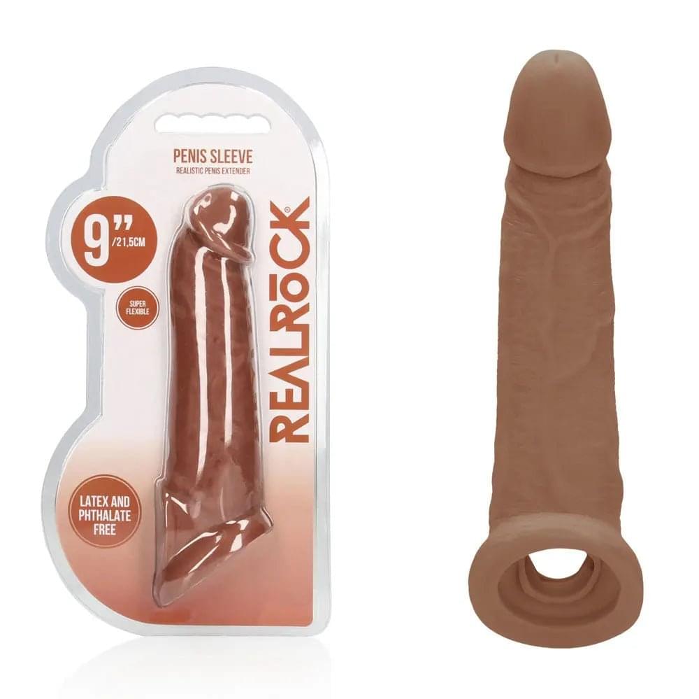 REALROCK 9'' Realistic Penis Extender with Rings - Tan - Tan 22.9 cm Penis Extension Sleeve Shots Toys Discreet Intimate Essentials.