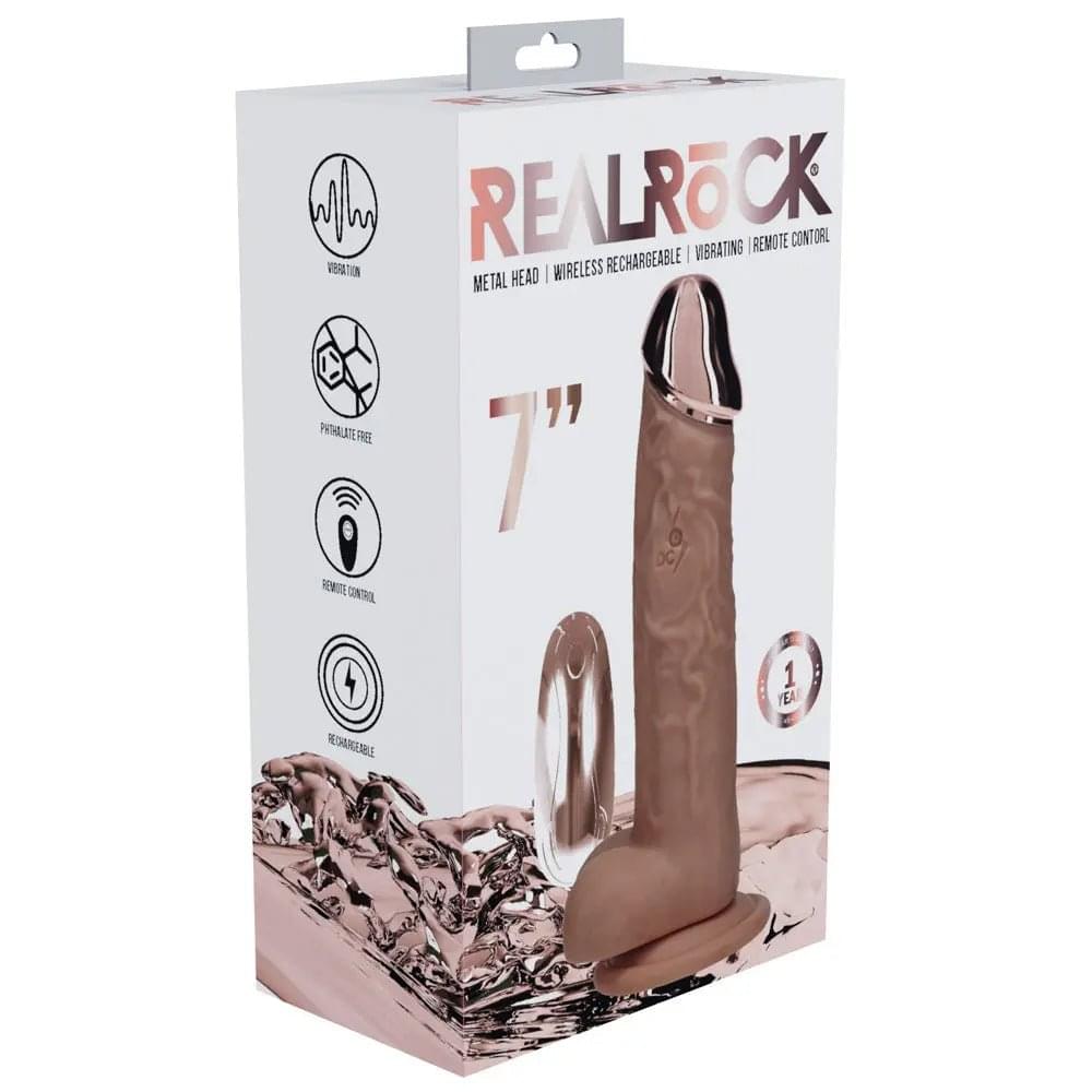 REALROCK Metal Head 7'' Rechargeable Dildo - Tan - Tan 19 cm USB Rechargeable Vibrating Dildo with Metal Head and Wireless Remote Shots Toys Discreet Intimate Essentials.