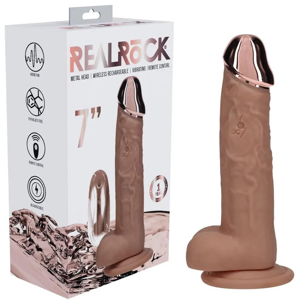 REALROCK Metal Head 7'' Rechargeable Dildo - Tan - Tan 19 cm USB Rechargeable Vibrating Dildo with Metal Head and Wireless Remote Shots Toys Discreet Intimate Essentials.