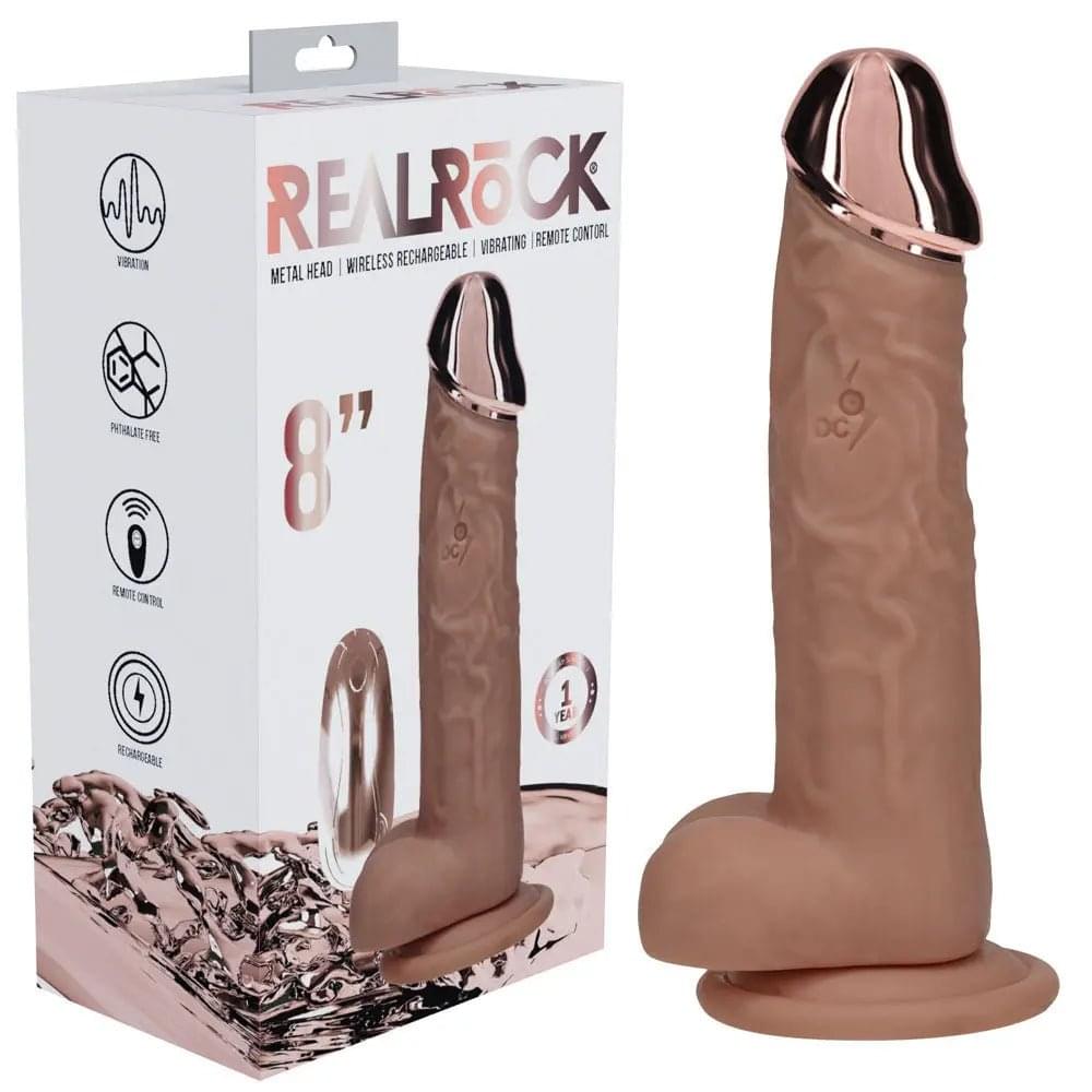 REALROCK Metal Head 8'' Rechargeable Dildo - Tan - Tan 22 cm USB Rechargeable Vibrating Dildo with Metal Head and Wireless Remote Shots Toys Discreet Intimate Essentials.