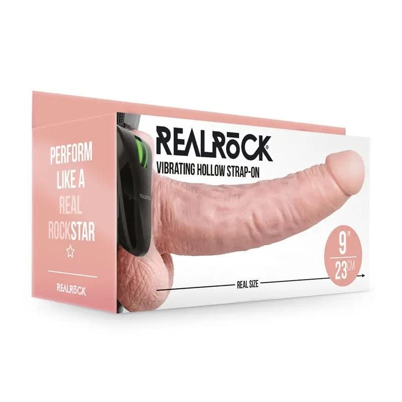 REALROCK Vibrating Hollow Strapon + Balls - 23cm  -  23 cm Vibrating Hollow Strap-On Shots Toys Discreet Intimate Essentials.